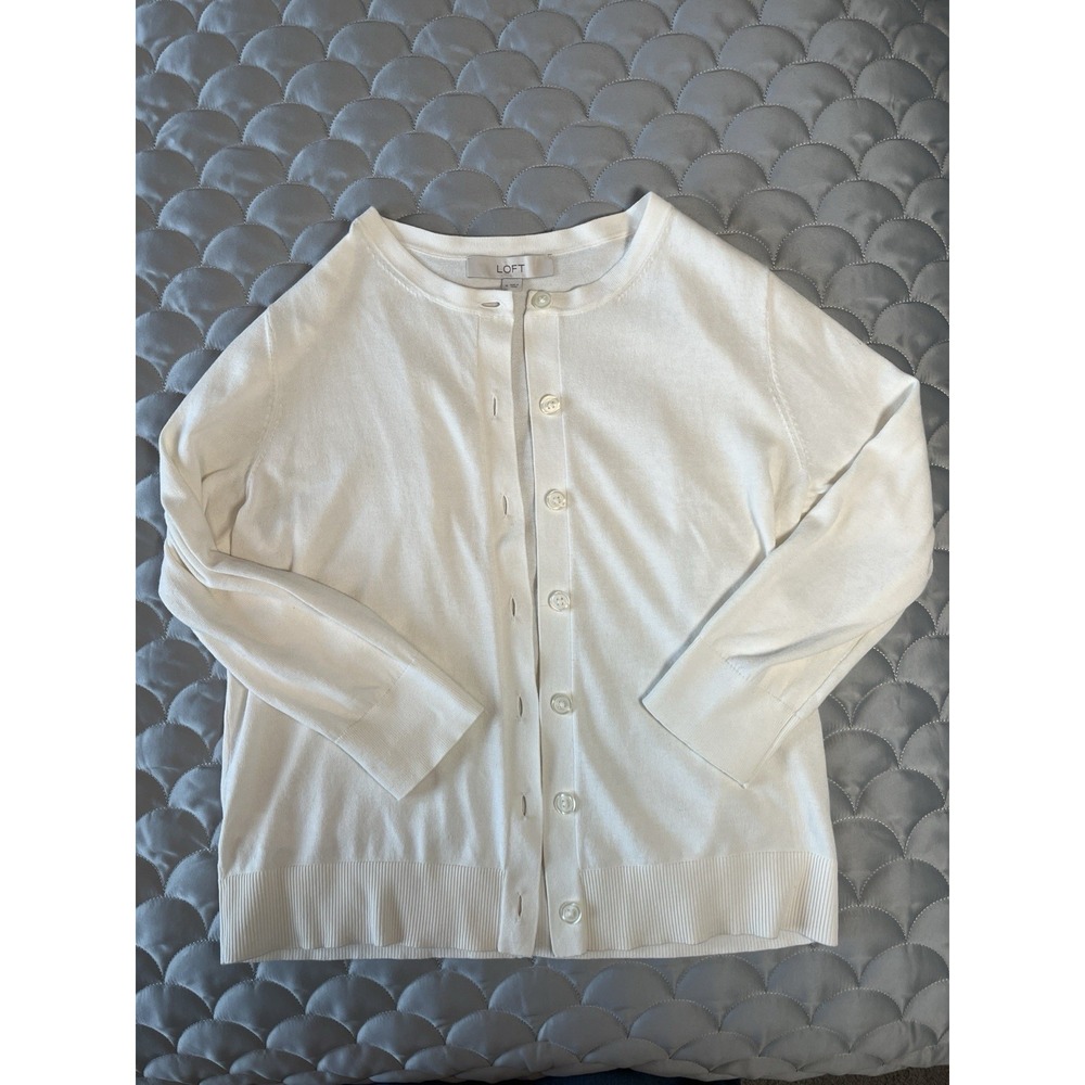 [LOFT] Signature Cardigan in Winter White- 100% Cotton Classic Old Money Medium - Picture 7 of 8